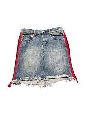 Pinc Girls Size 12 Denim Skirt Raw Hem Red Black Side Stripe Jean Skirt